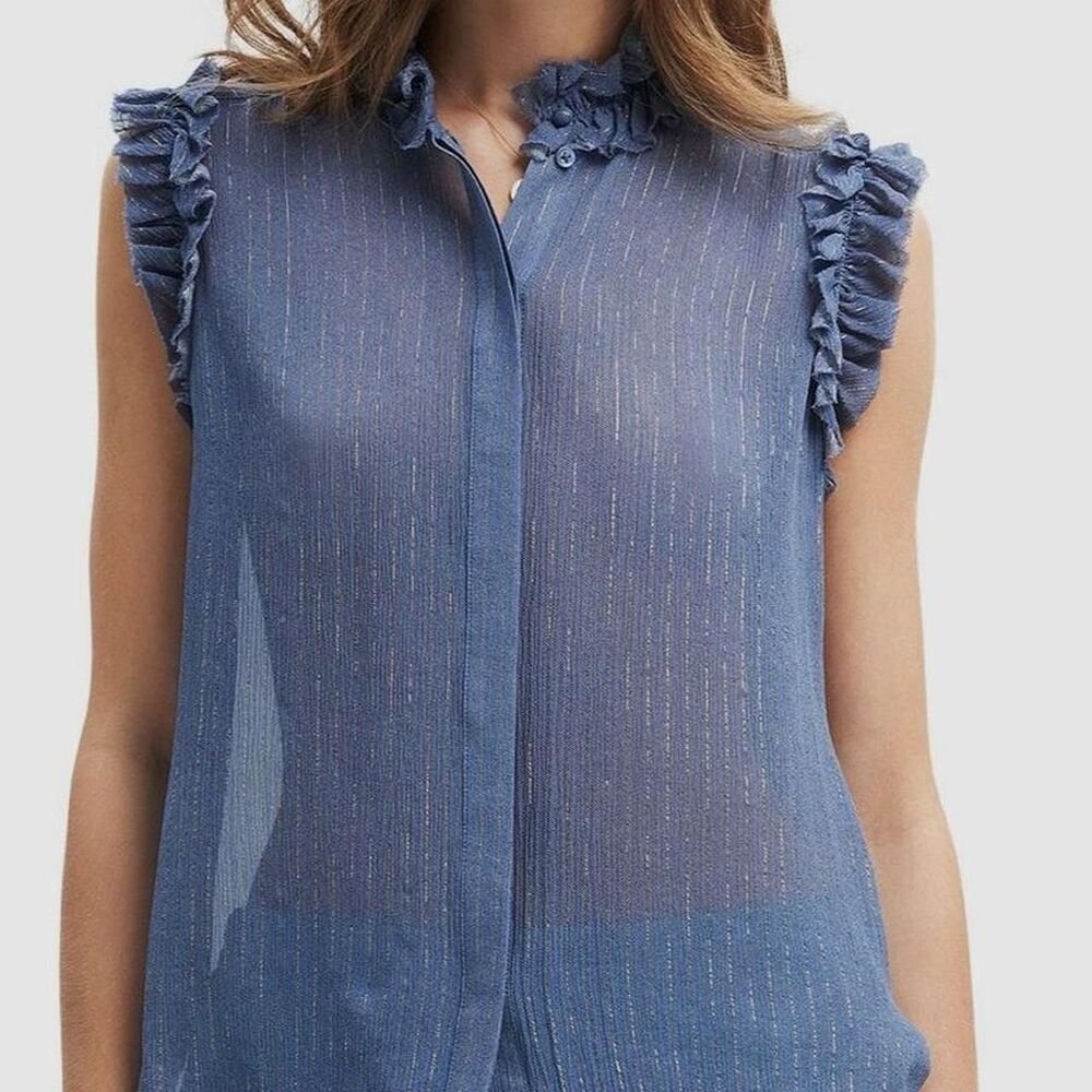 7 For All Mankind blue ruffle sleeveless silk blouse | Sheer | Size XS